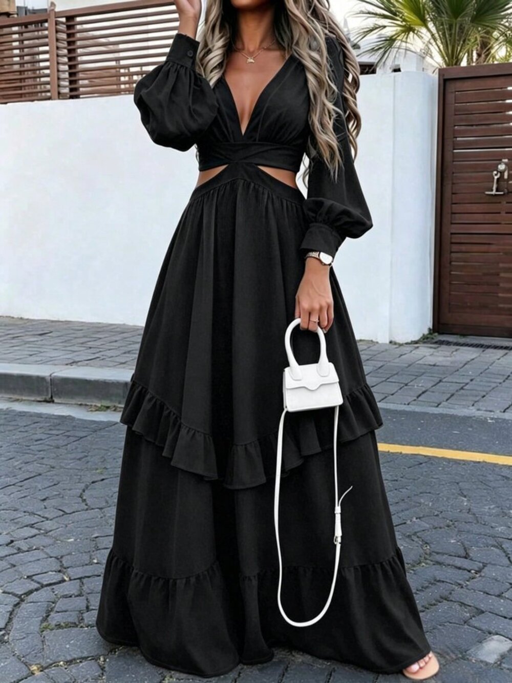 Black Boho Women's Casual V-Neck Dress
